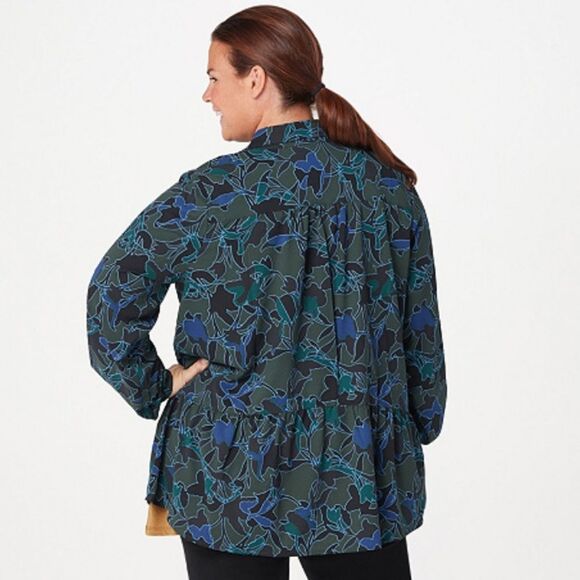 LOGO S Green Blue Black Floral Button Front Tiered Hem Long Sleeve Tunic Top - Picture 2 of 13